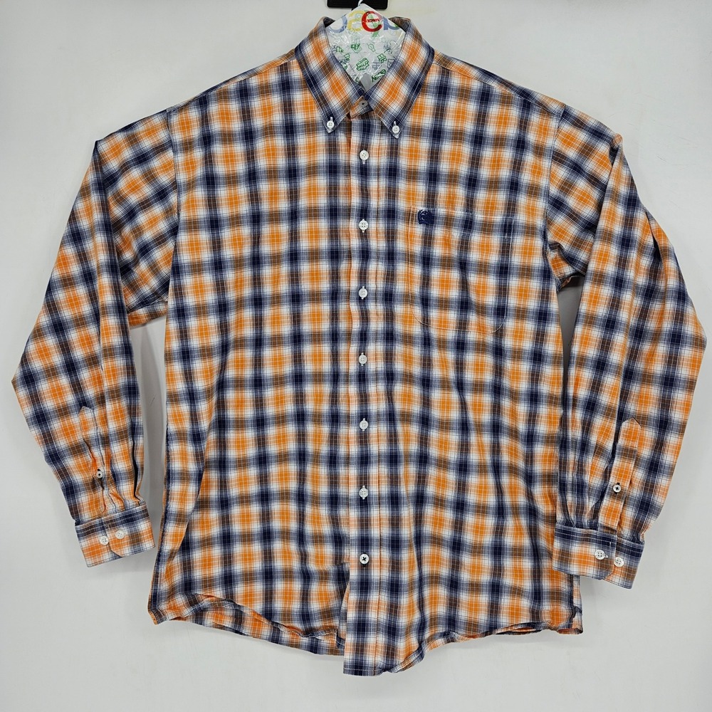 Cinch Shirt Mens Medium Western Orange Blue Button Down Cowboy Rodeo Long Sleeve